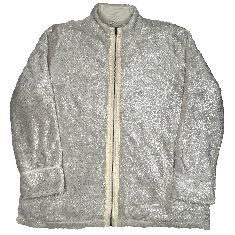 Soft Surroundings Jacket Womens Sz L Silver Glitter Chevron Fleece Full Zip